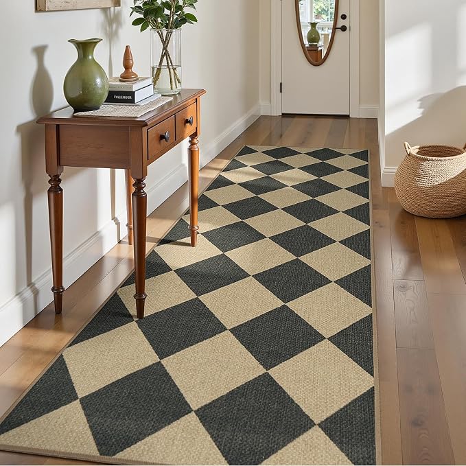 Lessymo Runner Rug 2.6x8 for Hallway, Checkered Easy Jute Washable Carpets | Reinforced Non Slip for Entryway Kitchen Bedside, Farmhouse Indoor Outdoor Carpets for Patio Porch, Diamond Black/Beige