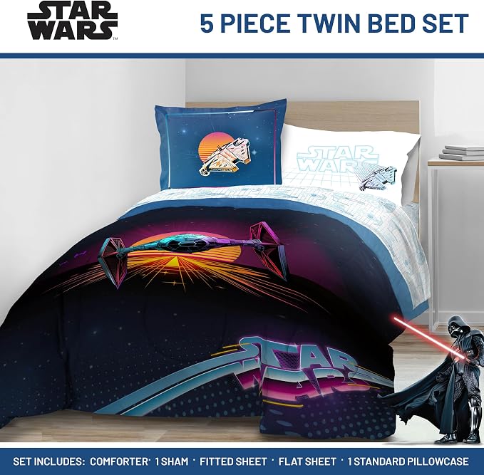 Jay Franco Star Wars Twin Comforter Set 5 Piece Soft Bedding for Boys, Blue | Bed in a Bag, Comforter Sheets Sham Pillowcase, Official Product, Soft Microfiber, Machine Washable, Easy Care, Boys Gift