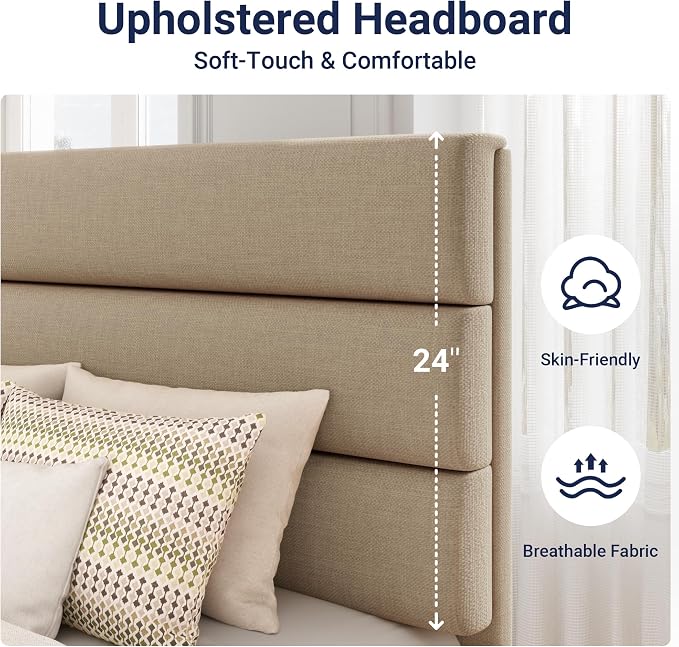Allewie Twin Size Platform Bed Frame with Fabric Upholstered Headboard | Wooden Slats Support, Fully Upholstered Mattress Foundation, No Box Spring Needed, Easy Assembly, Noise-Free, Beige