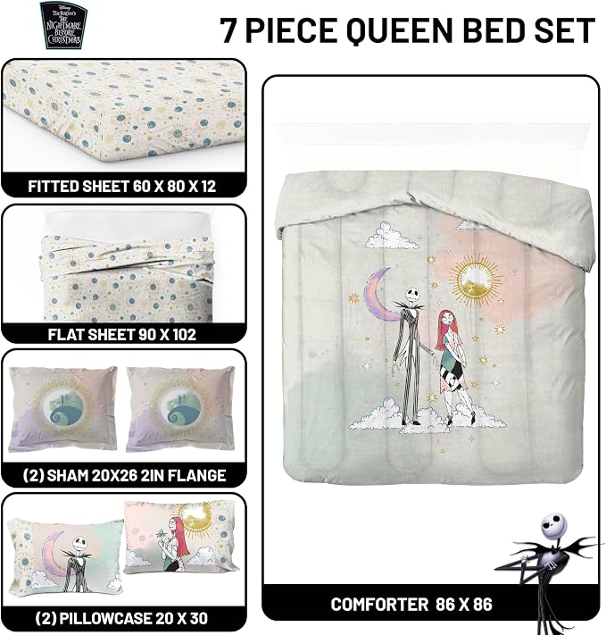 Disney Nightmare Before Christmas Queen Comforter Set 7 Piece, Multi | Jack Skellington Sally, Bed in a Bag, Comforter Sheets Shams Pillowcases, Soft Microfiber, Machine Washable, Girls Gift