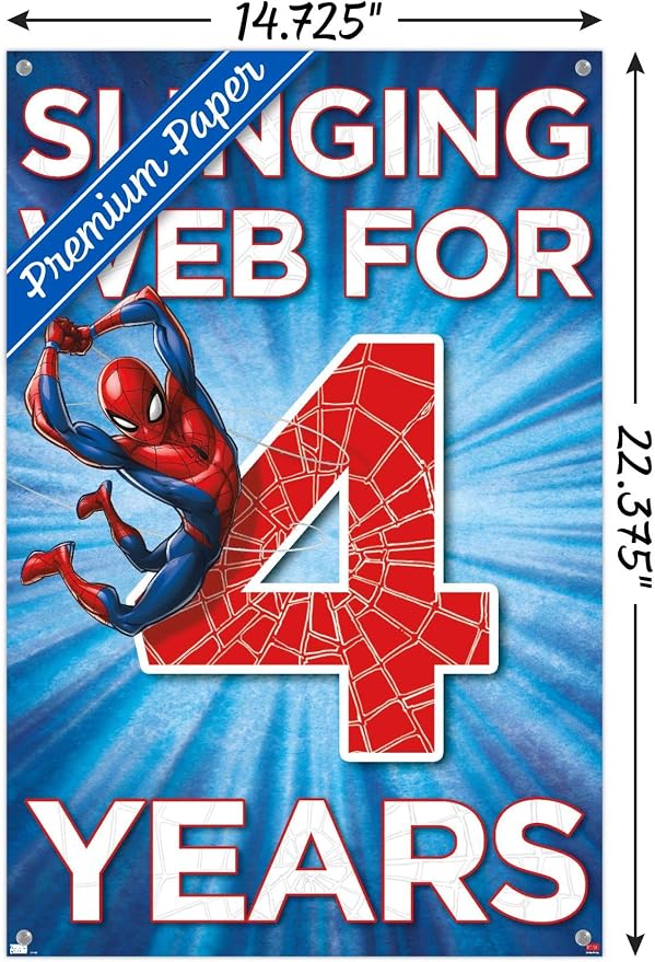Trends International Marvel Spider-Man - Happy 4th Birthday Wall Poster, 14.72" x 22.37", Premium Poster & Push Pin Bundle