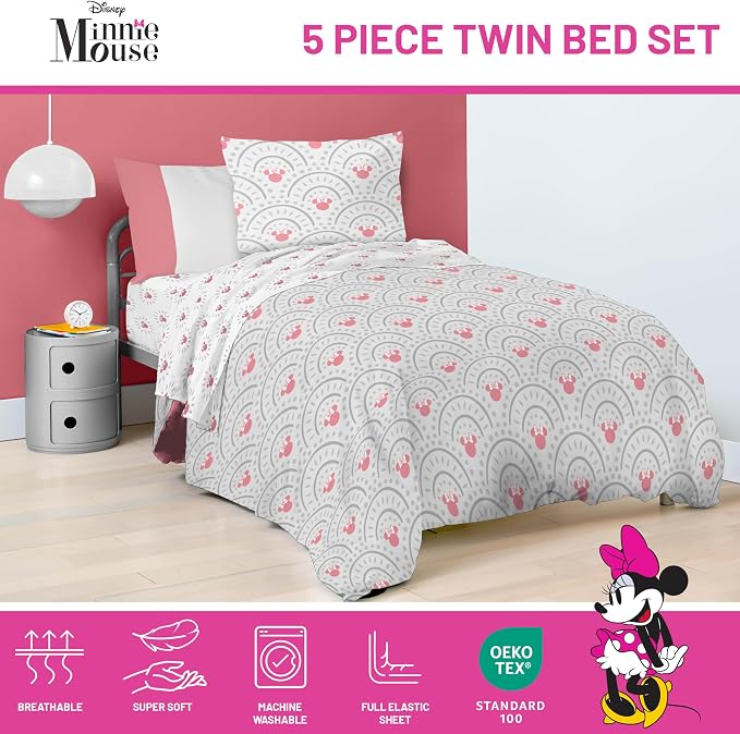 Disney Minnie Mouse Twin Comforter Set 5 Piece Bedding for Girls, Grey | Bed in a Bag, Comforter Sheets Sham Pillowcase, Official Product, Soft Microfiber, Machine Washable, Easy Care, Girls Gift
