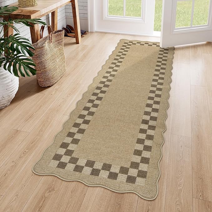 LIVEBOX Easy Jute Checkered Runner Rug for Kitchen, Scalloped Washable 2x6 Tan Rugs for Entryway, Geometric Indoor Outdoor Non Slip Rug Farmhouse Carpet Door Mat Area Rug for Porch Bedroom Hallway