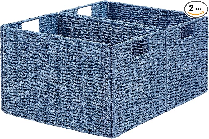 Vagusicc Wicker Storage Basket, Set of 2 Hand-Woven Paper Rope Wicker Basket, Large Storage Baskets for Organizing Toilet Paper, Foldable Cube Storage Organizer Bins for Shelves (Blue)