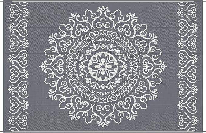 Pauwer Outdoor Rug 6x9, Waterproof Plastic Straw Camping Rug, Floral Grey | Reversible Patio Rug, UV Resistant Indoor Outdoor RV Mat Carpet For Deck, Camper, Porch, Balcony, Backyard, Picnic, Foldable