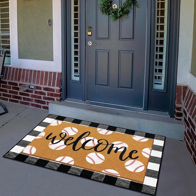 Tinideya 2 Pcs Door Mat Welcome Non Slip Coir Mats Floor Layering Doormats Seasonal for Front Porch Entryway Decor(Baseball)