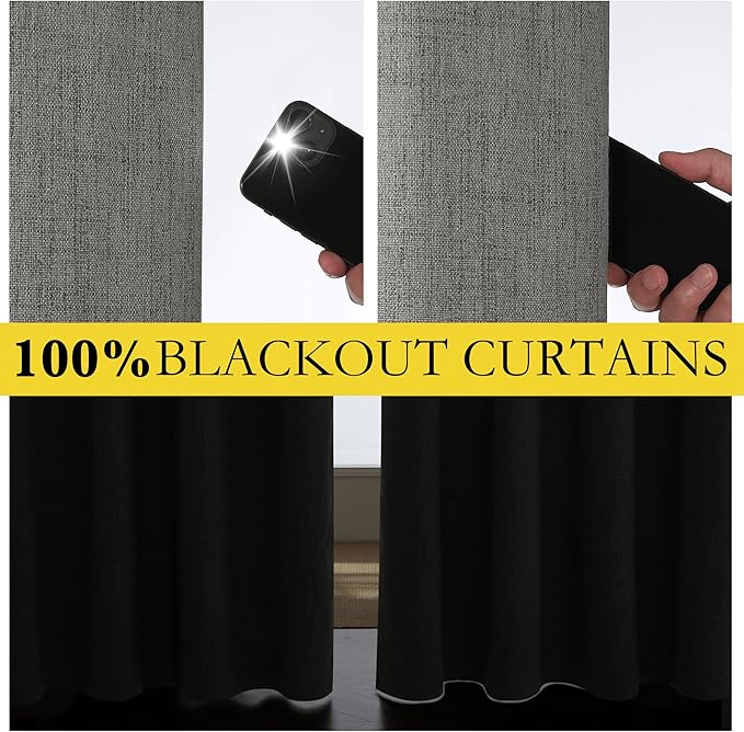 NICETOWN Grizzle Gray Vintage Linen 100% Blackout Curtains for Classroom, Thermal Insulated Curtains 72" Long, Noise Reducing Window Treatment Drapes for Gym Room, 42" Wide Per Panel, Set of 2