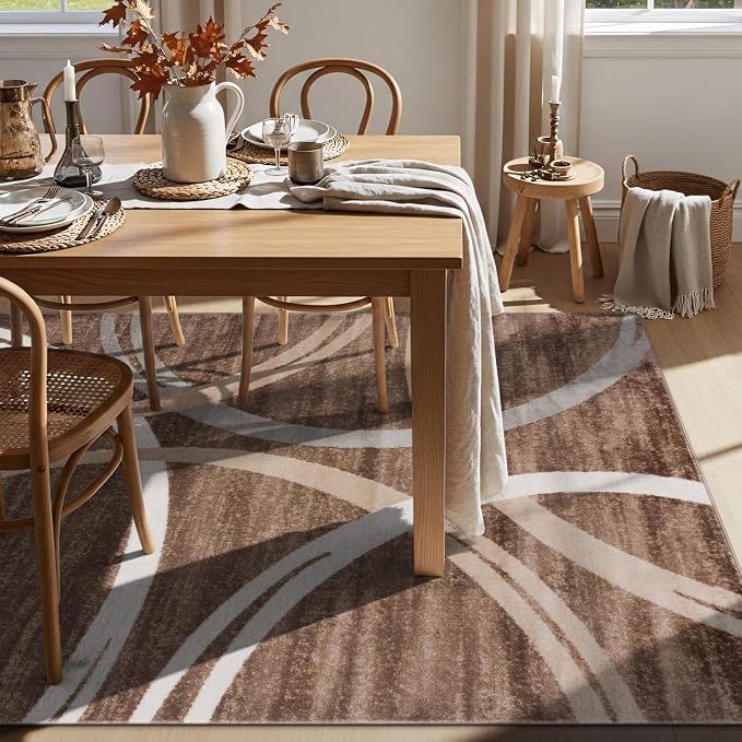 Rugshop Wavy Circles Modern Fade-Resistant Area Rug Brown 6'6" x 9' | Rectangular, Size 6'6" x 9', Living Room, Bedroom, Dining Room, Home Office, Kitchen, Entryway, Hallway, Nursery, Kids Room