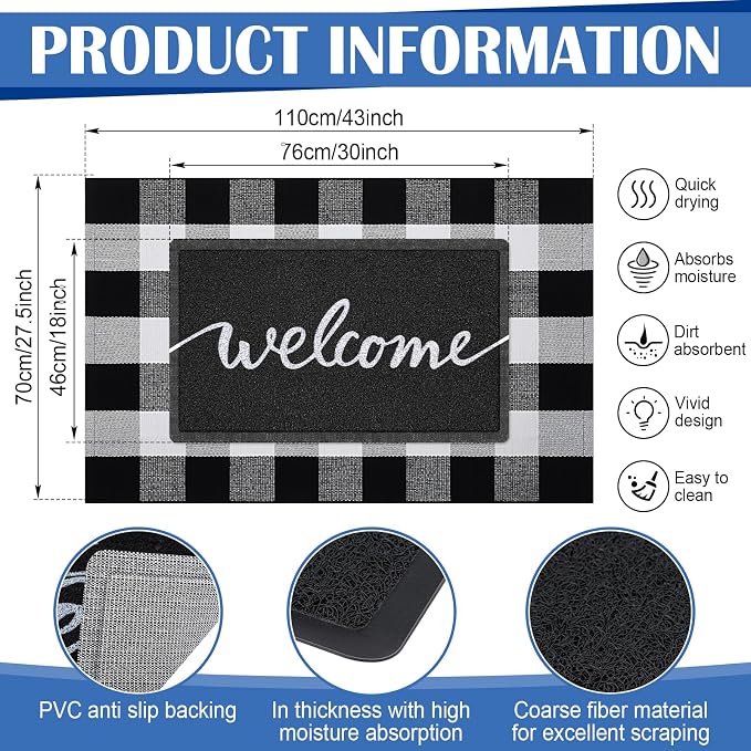 Geelin 2 Pcs 30'' x 18'' Doormat 43'' x 27.5'' Black and White Layered Rug for Front Door Mat Outside Entrance Welcome Door Mats for Indoor Outdoor Entryway Porch Decor(Welcome)