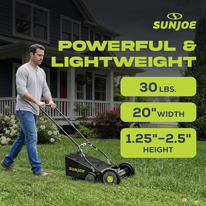 Sun Joe Manual Push Reel Lawn Mower with 8.5-Gal Grass Catcher, 20-Inch Cutting Width - Heavy-Duty Yard Trimmer Machine for Gardening Care and Maintenance, MJ502M
