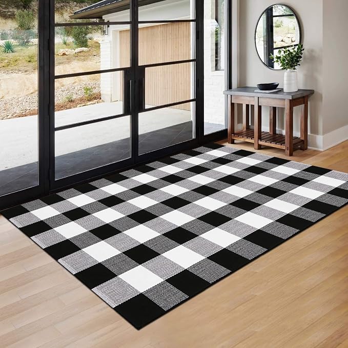Buffalo Plaid Rug 3'x5' Black and White Checkered Rug Front Door Mat Outdoor Cotton Washable Front Porch Rug Layered Doormats for Front Porch/Farmhouse/Entryway