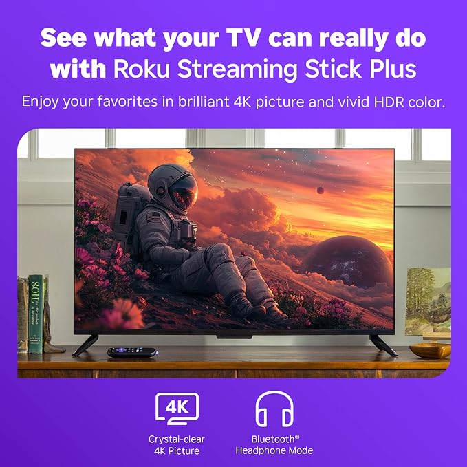 Roku Streaming Stick Plus with Voice Remote - 4K & HDR10+ | 4K & HDR Streaming Device for TV with Roku Voice Remote - Free & Live Local News, Sports