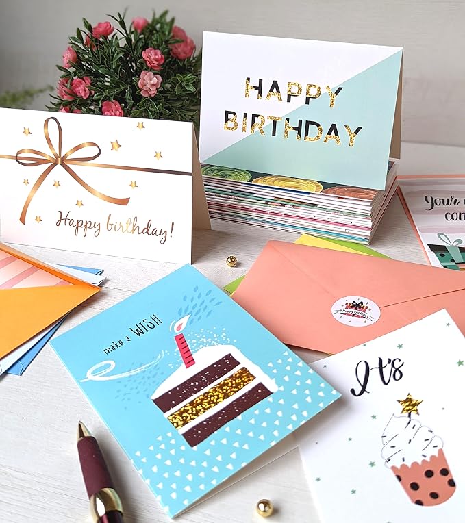 100 Unique Birthday Cards Assortment with Greetings Inside, Gold Foil Printing, Assorted Color Envelopes, 6 Sticker Designs to Seal Envelopes. 4x6 Inch