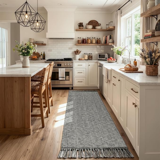 Collive Boho Washable Kitchen Runner Rug, Modern Farmhouse Hallway Runner Rug 2.6' x 8' Gray Bathroom Rugs, Hand Woven Entry Hall Carpet for Laundry Bedroom Decor