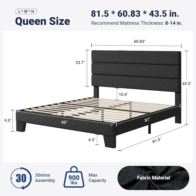 Allewie Queen Size Platform Bed Frame with Fabric Upholstered Headboard | Wooden Slats Support, Fully Upholstered Mattress Foundation, No Box Spring Needed, Easy Assembly, Noise-Free, Dark Grey