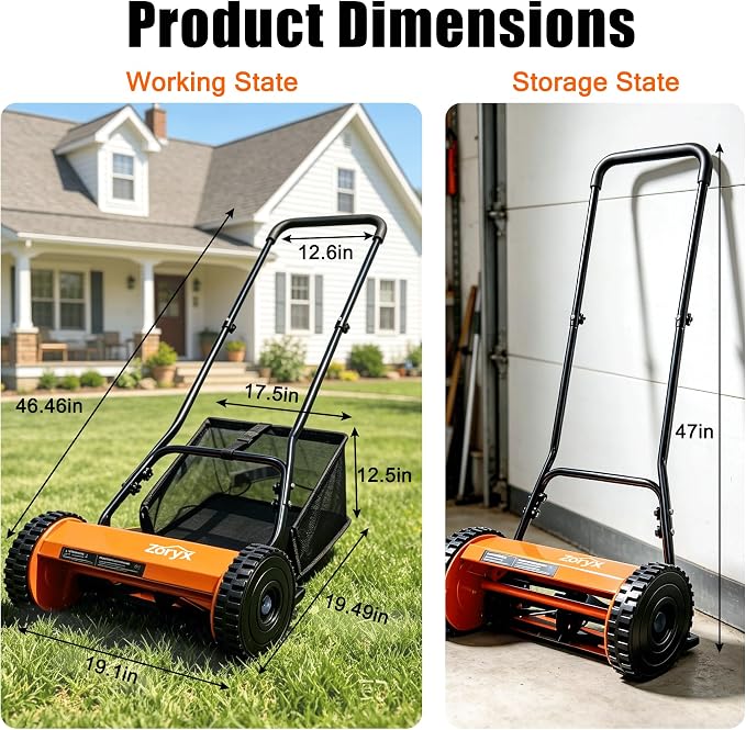 Zoryx 14-Inch 5-Blade Push Reel Lawn Mower, Manual Reel Walk Behind Mower with 5-Position Height Adjustment, Alloy Steel Blades, Quiet, Lightweight, Motorless for Small Yard