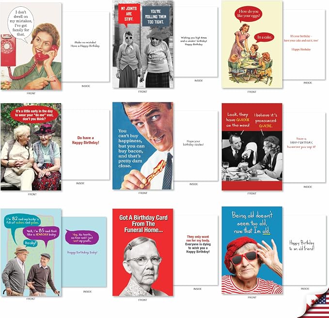 NobleWorks Retro Cards 36 Assorted Funny Birthday Cards Bulk Box Set w/Envelopes, Vintage Adult Humor Greetings Variety Pack for Men and Women (36 Designs, 1 Each) Retro Revelry AC7740BDG-B1x36