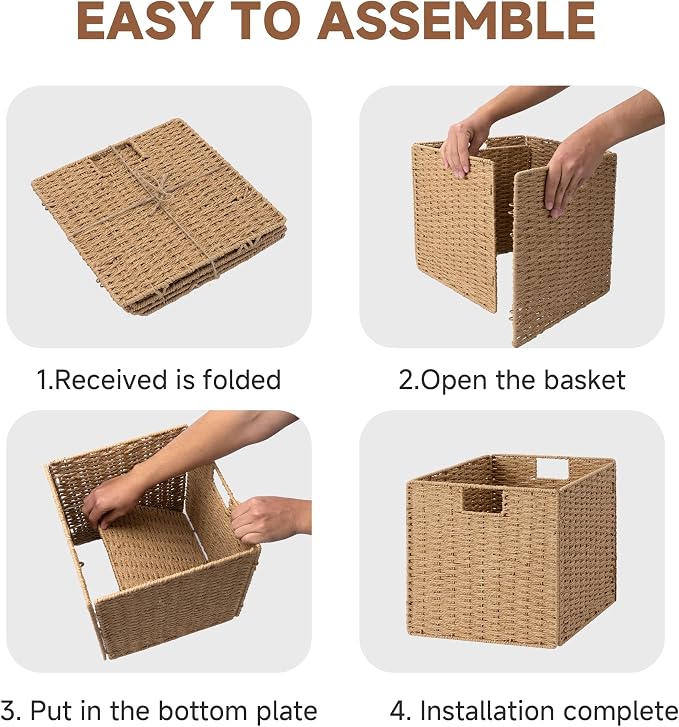 StorageWorks 13 inch Wicker Storage Baskets,Foldable Wicker Baskets,Natural | 2-Pack,Handwoven Organizer Baskets, Wicker Baskets for Organizing,Paper Rope Square Storage Cubes,Square Baskets,Woven Basket