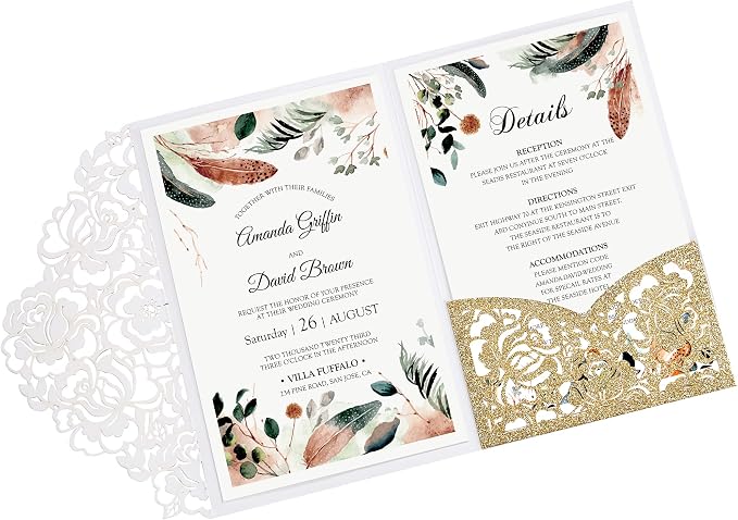 DORIS HOME 50Pcs Personalized Laser Cut Wedding Invitations, Gold Glitter | 4.7"x7.1", Customized Anniversary Invitations, With Envelopes