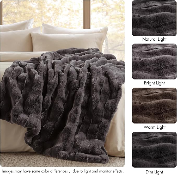 Madison Park Vivienne Faux Fur Throw Blanket Velvet, 50 x 60, Grey | Cozy Warmth for Sofa or Bed, Reversible, Lightweight, OEKO-TEX Certified