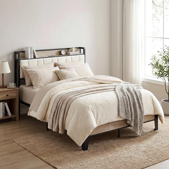 LIKIMIO Queen Bed Frames, Bouclé Storage Headboard with Charging Station, Solid and Stable, Noise Free, No Box Spring Needed, Easy Assembly