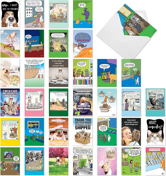 NobleWorks, 36 Assorted Box Set Funny Birthday Greeting Cards w/ 5 x 7 Inch Envelopes for Men and Women (36 Designs, 1 Each) Bday Pet Party AC10799BDG-B1x36
