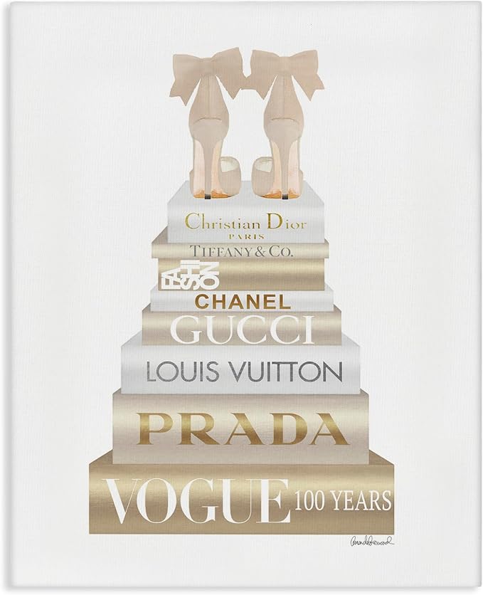 Cream Bow Heels Glam Bookstack, 16 x 20 Inch Canvas Wall Art | Stupell Industries · By Amanda Greenwood · Ready to hang · Chic gift for fashion lovers · Made in USA