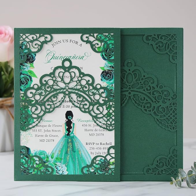Hosmsua 50PCS Personalized Emerald Green Quinceanera Invitations Kit, 5.1x7.3 Inch Laser Cut Floral Crown Pocket Quinceanera Invitation Cards with Envelopes for Birthday Quince Anos Invite
