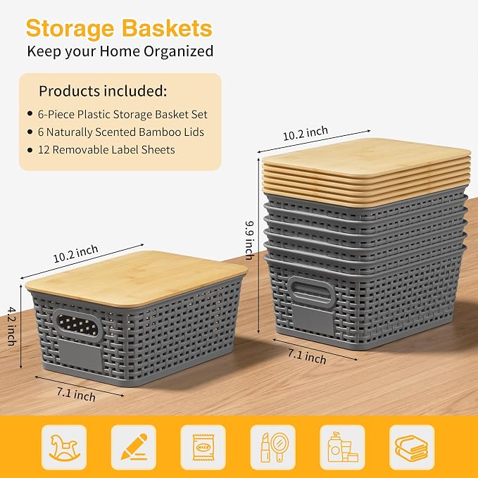 6 Pack Plastic Storage Baskets,Gray bamboo lid storage Box | Labels, Stackable, For Organizing Shelves Pantry Drawers Desktop Closets Organizing Desktop Closet Playroom Classroom