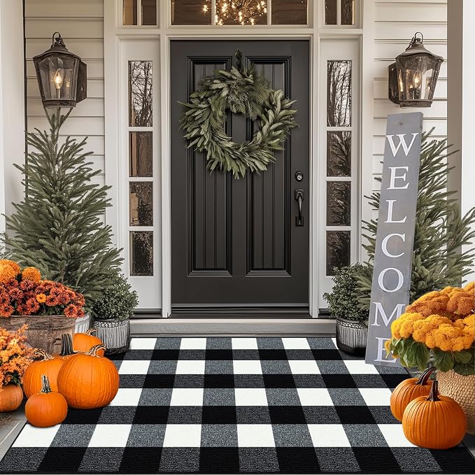FONEYI Buffalo Plaid Outdoor Rug for Front Door Mats, 32" x 48", Black and White Checkered Layered Door Mat with Non Slip Backing, Washable Entryway Rug for Porch, Front Porch and Farmhouse Decor