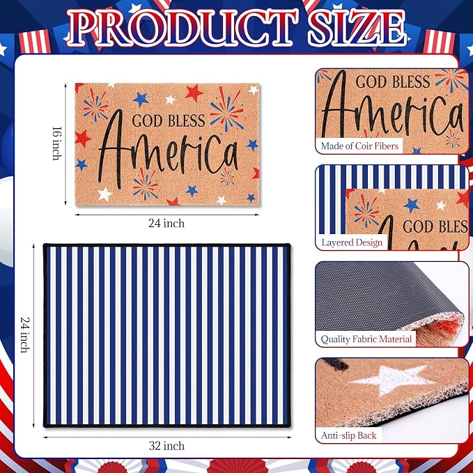 2 Pcs God Bless America Door Mats, 4th of July Patriotic Welcome Mat Non-Slip Coir Doormat with Blue White Stripes, Layered Rug for America 250th Anniversary, Front Porch Entryway Decor
