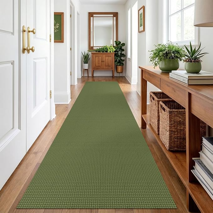 IOHOUZE Washable Runner Rug 3x12 Non Slip Rubber Backed Extra Long Hallway Runner Entryway Runner Indoor, Kitchen Rugs Woven Cotton Floor Carpet for Hall Entrance, Olive Green/Earthy Green