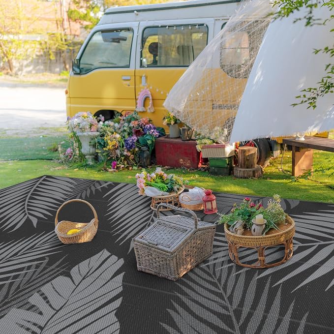 GENIMO Outdoor Rug, Waterproof Plastic Rugs 9'x18' for Camping Black Grey | Outside Larger Leaf Carpet Mat for Patio Decor, RV, Porch, Camper, Deck, Picnic, Beach, Backyard, Reversible, Foldable