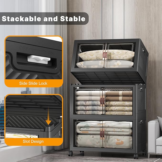 UAMFURI Stackable Storage Bins, 525QT Collapsible Drawers with 1 Lid | Large Capacity, Magnetic Door, Stack Lock, Rolling Wheels, Foldable Design, Organizers and Storage for Bedroom Dorm Garage