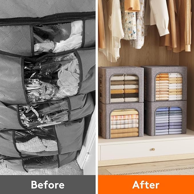 Lifewit Clothes Storage Bins with Metal Frame, Stackable Storage Box, Foldable Clothing Storage Bins with Lids, 40L Storage Bags Fabric Box Organizer with Clear Window＆ Zippers＆ Sturdy Handles 6 Pack
