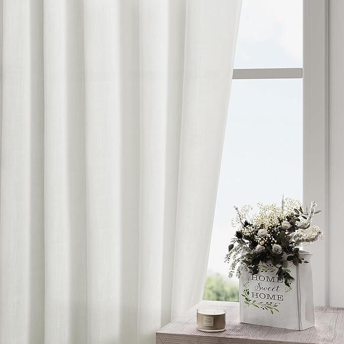 Nanspring Solid Off White Curtains 96 Inches Long 2 Panels Back Tab Sheer Linen Curtain Modern Farmhouse Coastal Decor White Cotton Textured Gauze Curtains for Patio Sliding Door Office Bedroom