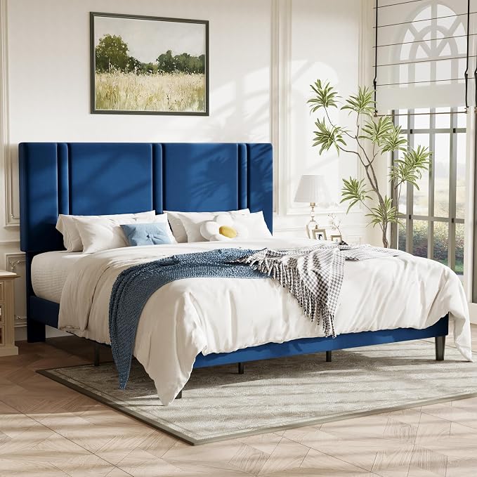 Allewie King Size Platform Bed Frame with Adjustable Headboard | Plush Velvet Upholstered, Vertical Channel Tufted, Sturdy Wood Slats, No Box Spring Needed, Easy Assembly, Blue