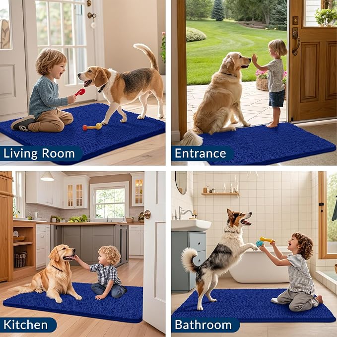 Smiry Dog Door Mat for Muddy Paws 71x46, Absorbent Dirt Trapper, Non-Slip Washable Chenille Entryway Rug for Inside Floor, Royal Blue, Classic Solid