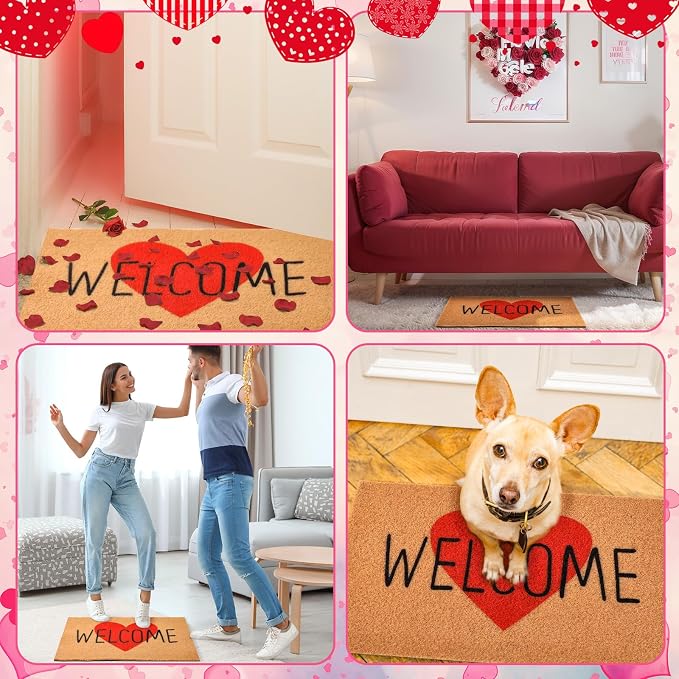 Ceenna Valentine's Day Doormat Outdoor Valentine's Heart Coir Doormat with Non-Slip Backing Red Heart Valentines Day Mat Front Porch Rug Outside Door Mat for Home Entrance Decor, 16 x 28 Inches