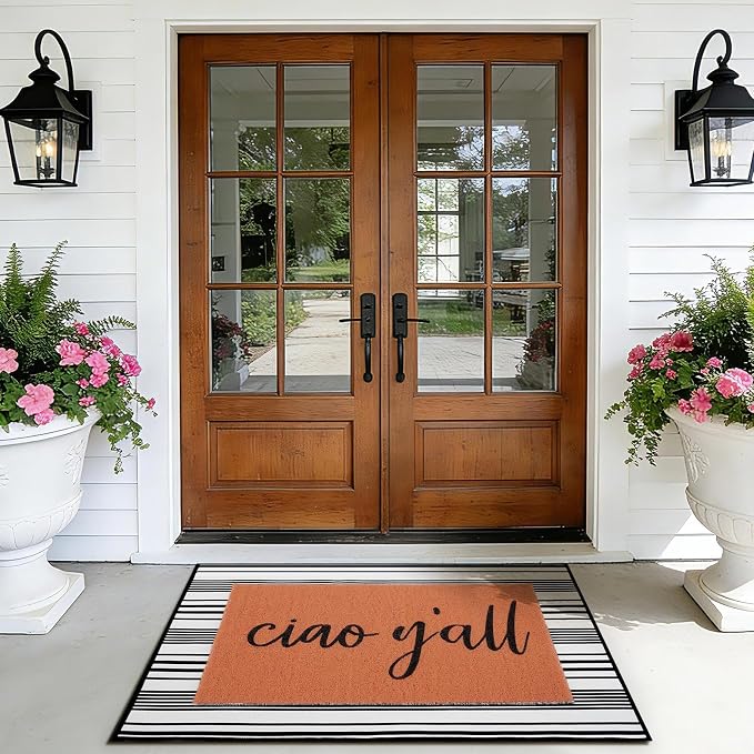 Ciao Y'all Doormat, 2pcs Layered Front Door Mats with Coir Texture Welcome Doormat and Black White Striped Under Non Slip Mat, Farmhouse Porch Decor for Home Entry, Entryway Home Outdoor Decor