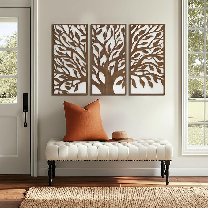 Madison Park Wall Décor for Living Room - Birch Botanical Two-Tone, Home Accent Modern Kitchen Dining Decoration, Ready to Hang 3-Piece Wood Panel Set for Bedroom, 16"W x 32"H, Tree of Life