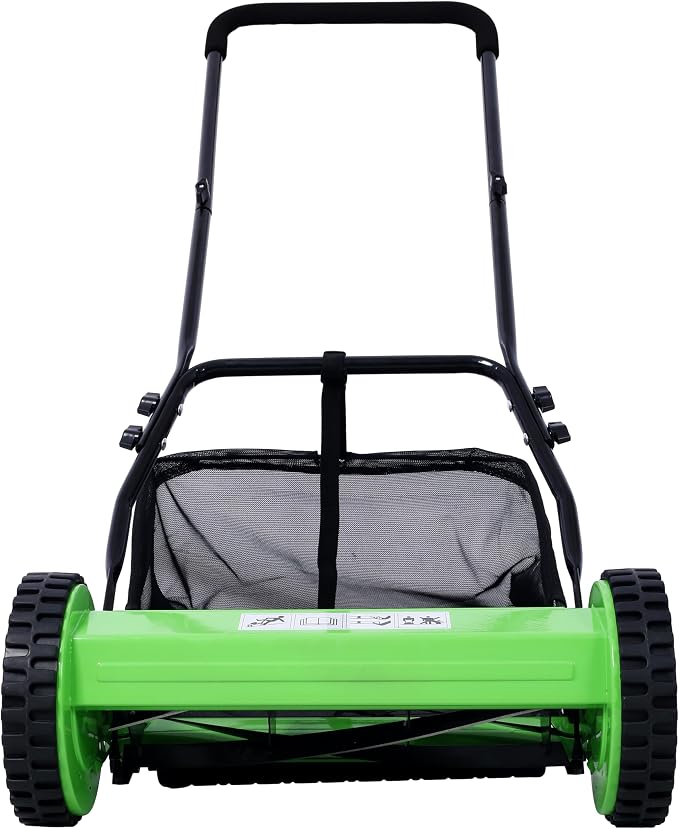 KEIKI 14-Inch Manual Lawn Mower, Push Reel Mowers w/Grass Catcher & Adjustable Cutting Height, 2-Wheels Small Lawnmower with 5 Steel Blades for Graden, Spaces Saving & Easy Assembly, Green