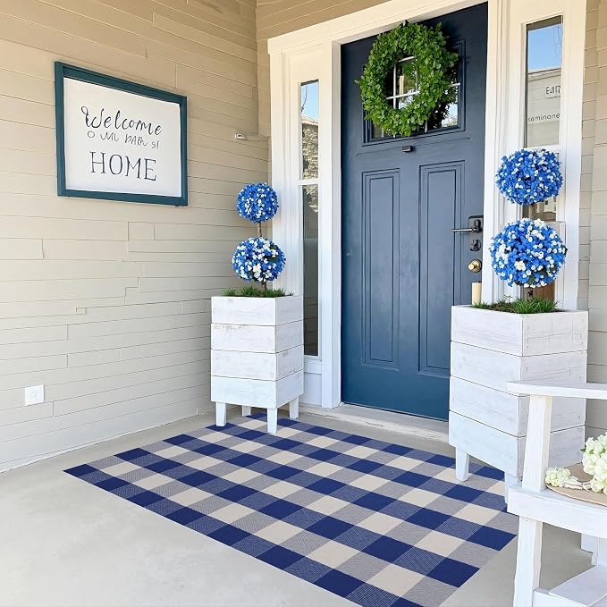 Buffalo Plaid Outdoor Rug 3x5 Ft Blue and White Checkered Area Rug Washable Doormats Indoor Outdoor Rugs for Layered Front Door Mats, Porch, Entryway, Kitchen, Farmhouse