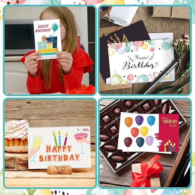 Harloon 200 Pack Happy Birthday Card Assorted Bulk with Blank Envelopes and Stickers 4 x 6 Inches Greeting Blank Happy Birthday Cards for Men Women Adults Kids, 20 Styles(Colorful Style)