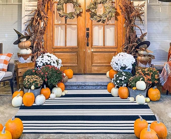 BUAGETUP Blue and White Outdoor Rug 3'x 5' Cotton Woven Washable Rug Striped Front Porch Rug Indoor/Outdoor Area Rug Floor Mat for Farmhouse/Layered Door Mats/Living Room