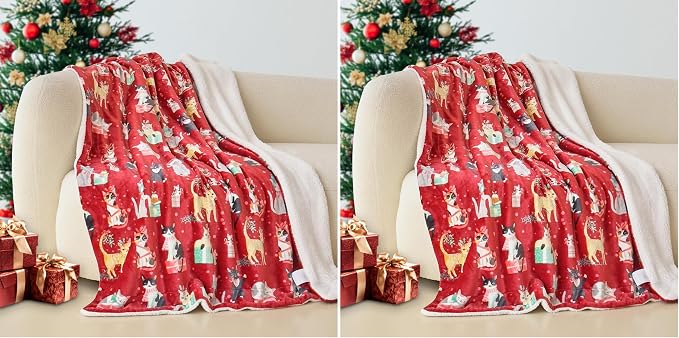Elegant Comfort Reversible and Ultra-Plush Flannel Fleece-Winter Christmas Sherpa Throw- Lightweight Soft and Cozy-Holiday Decorative Throw, Perfect for Lounging, 50 x 60 inches, Cats in Holiday