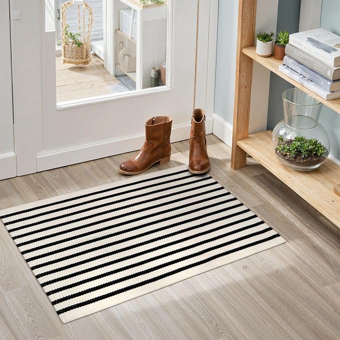 Collive Black and White Striped Door Mat 24"x35", Cotton Hand Woven Welcome Entryway Rug,Washable Small Porch Fall Decor, Welcome Door Mat for Indoor Outdoor Kitchen Farmhouse Entrance
