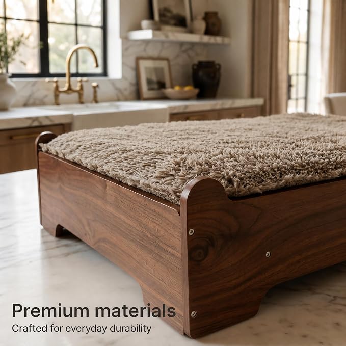 Elevated Wooden Dog Bed with Foam Mattress, Walnut, Medium | Raised Dog Bed with Washable Cover and Supportive Foam Mattress, Crafted for Medium Dogs and Modern Homes