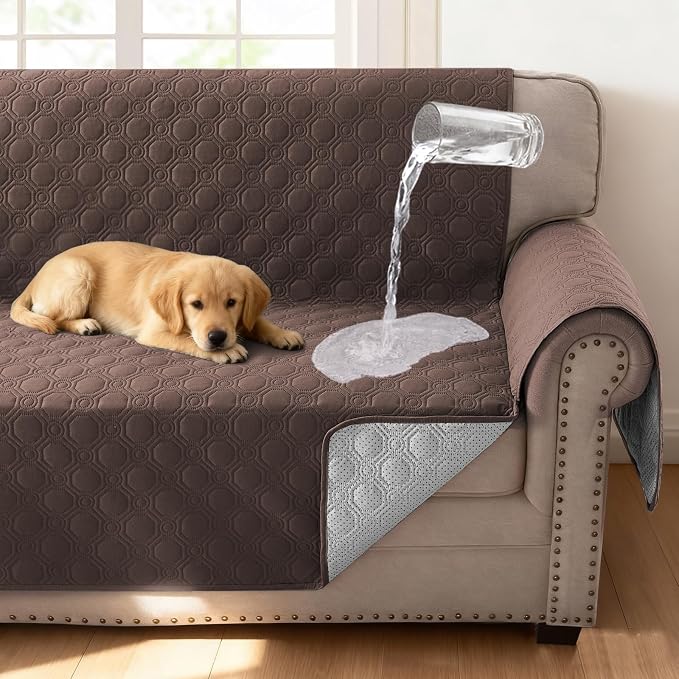 H.VERSAILTEX 100% Waterproof Couch Covers for 3 Cushion Couch Sofa Pet Friendly Thick Soft Sofa Covers Washable Non Slip Furniture Protector with Elastic Straps(Sofa, Brown)