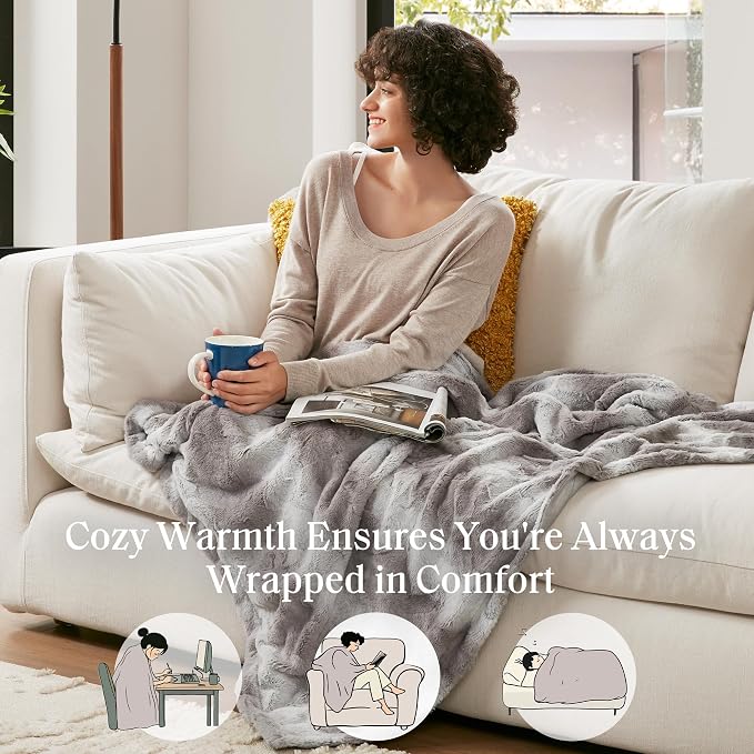 Madison Park Zuri Faux Fur Reversible Throw Blanket, 50 x 60 in, Grey | Soft Plush, Luxury, Animal Stripes, Mink Reverse, Modern, All Season, for Bed Sofa Couch, OEKO-TEX Certified